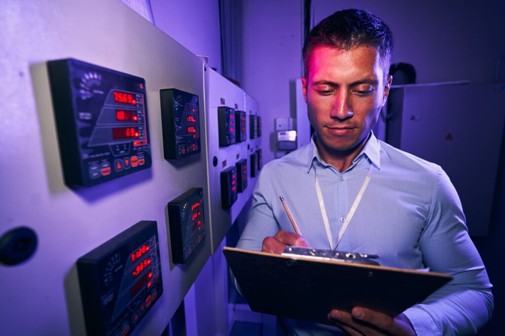 Serious data center technician documenting his activity